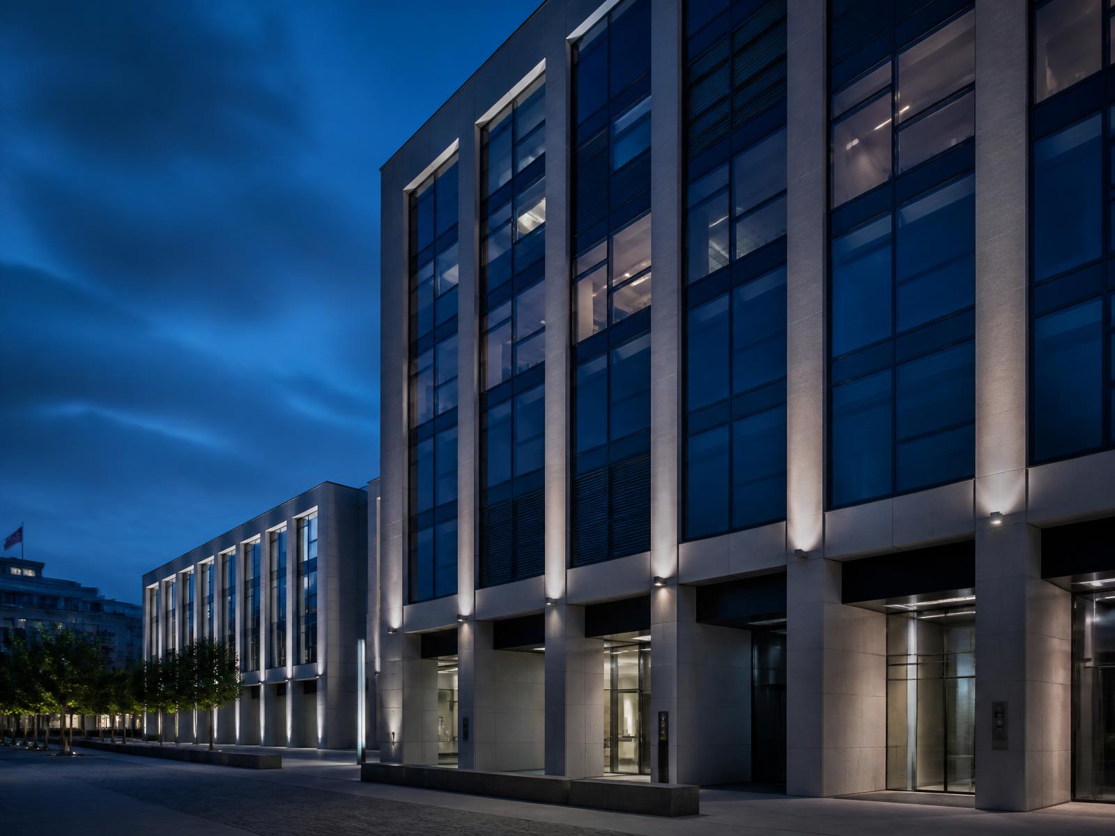 Modern government-district office building at blue hour